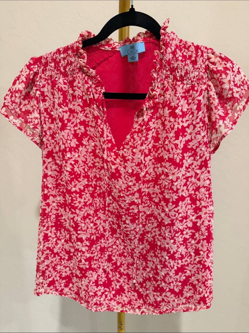 CeCe Hot Pink and White Floral Ruffled Neck Blouse